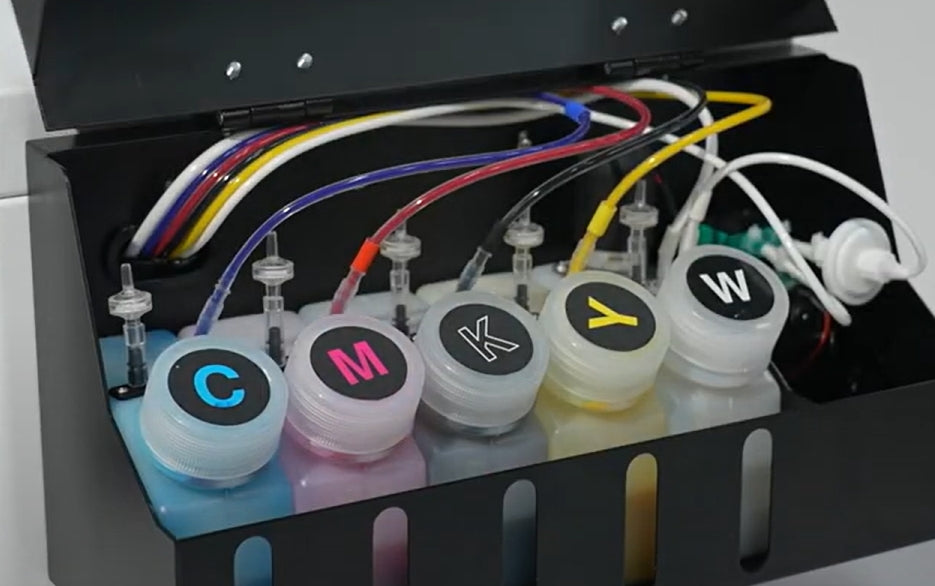 DTF ink set: CMYK colors + opaque white for vibrant fabric transfers.