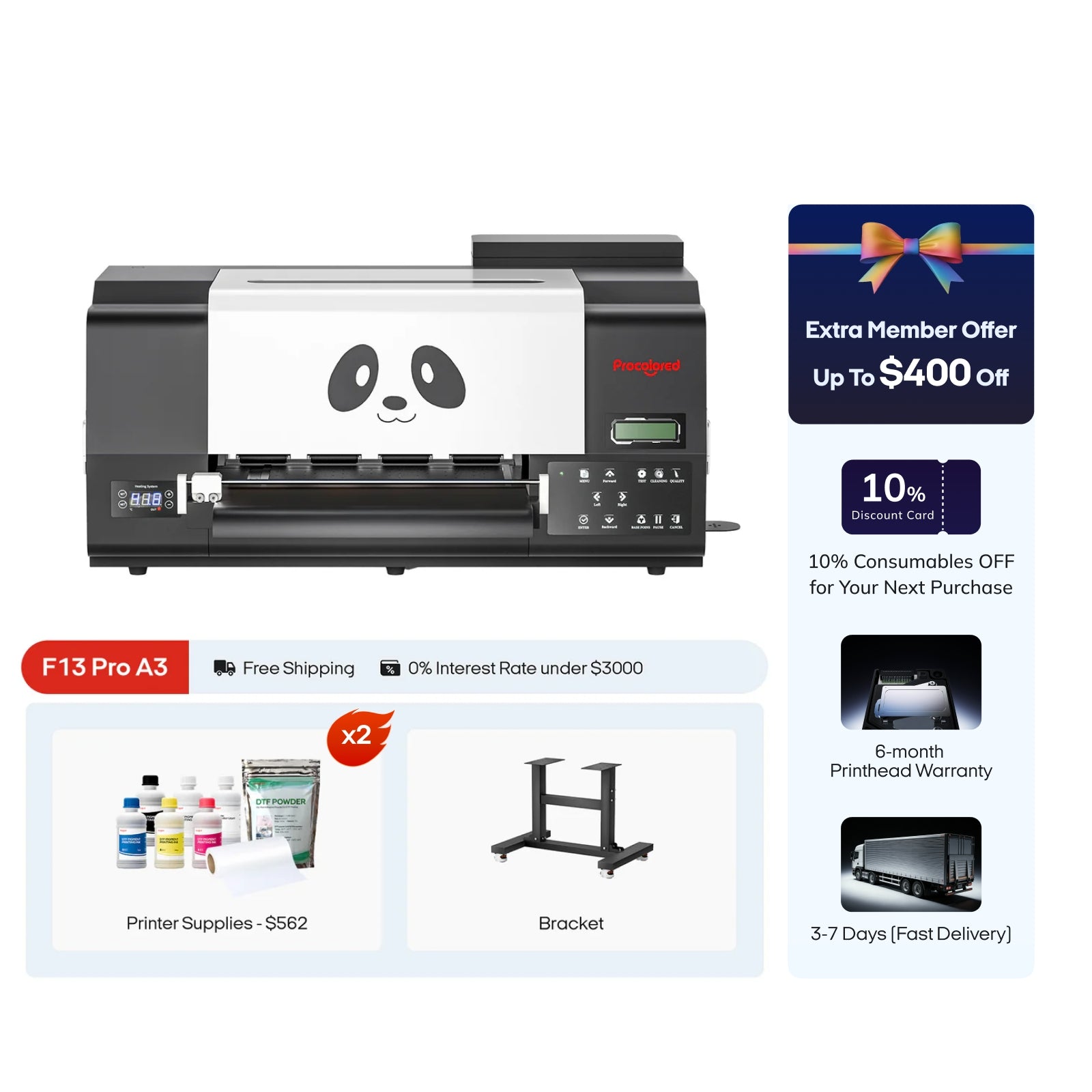 Procolored F13 Pro Panda DTF Printer 13" A3 Dual XP600 & Bracket