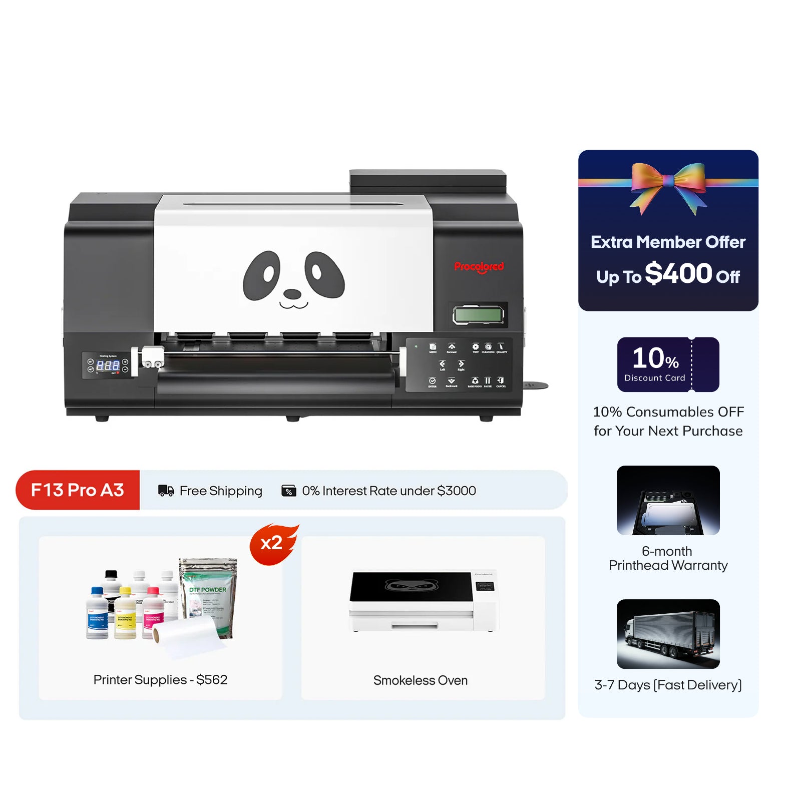 Procolored F13 Pro Panda DTF Printer 13" A3 Dual XP600 & Oven Premium