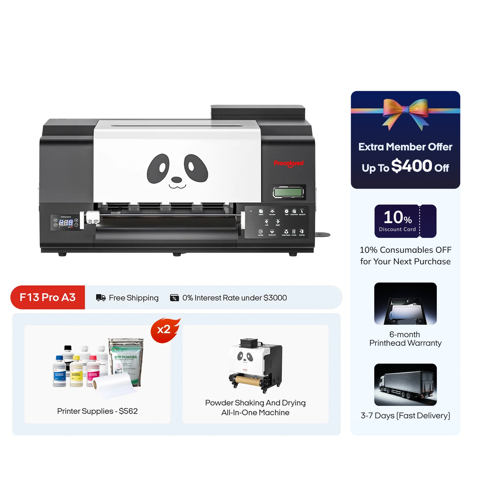 Procolored F13 Pro Panda DTF Printer 13" A3 Dual XP600 & DTF Shaker Bundle