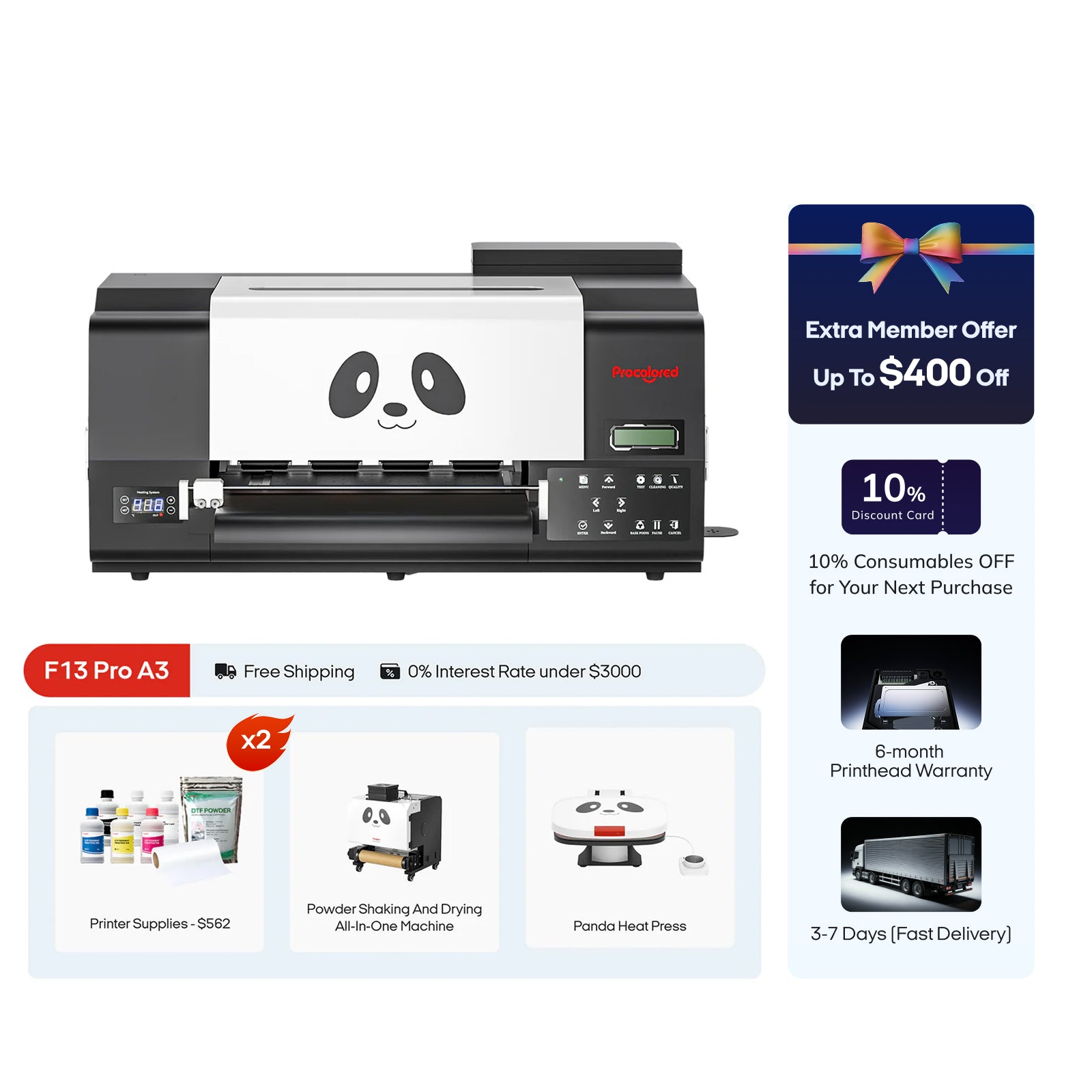 Procolored F13 Pro Panda DTF Printer 13" A3 Dual XP600 & Ultimate Bundle