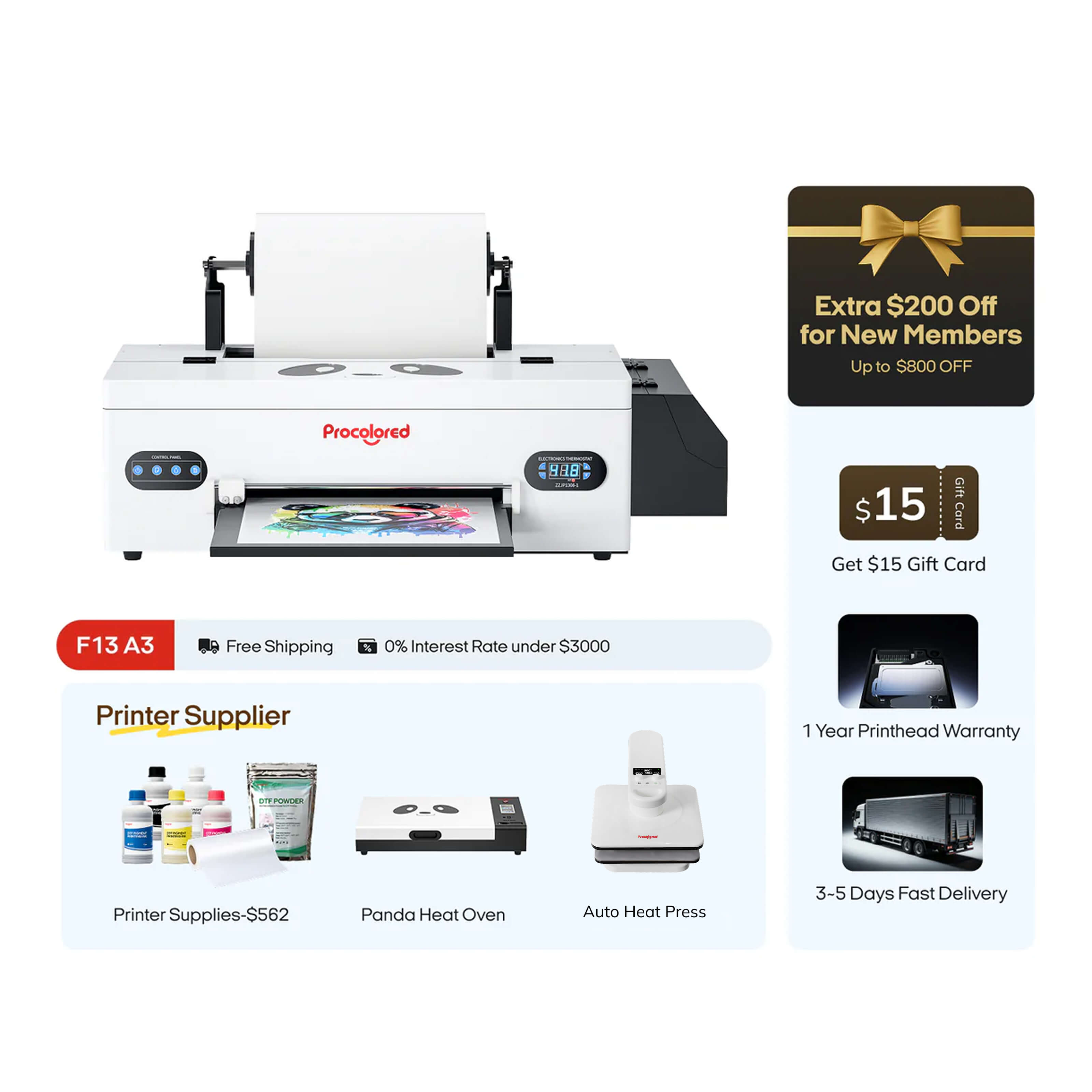 Procolored F13 Panda DTF Printer 13" A3 L1800 & Complete Bundle
