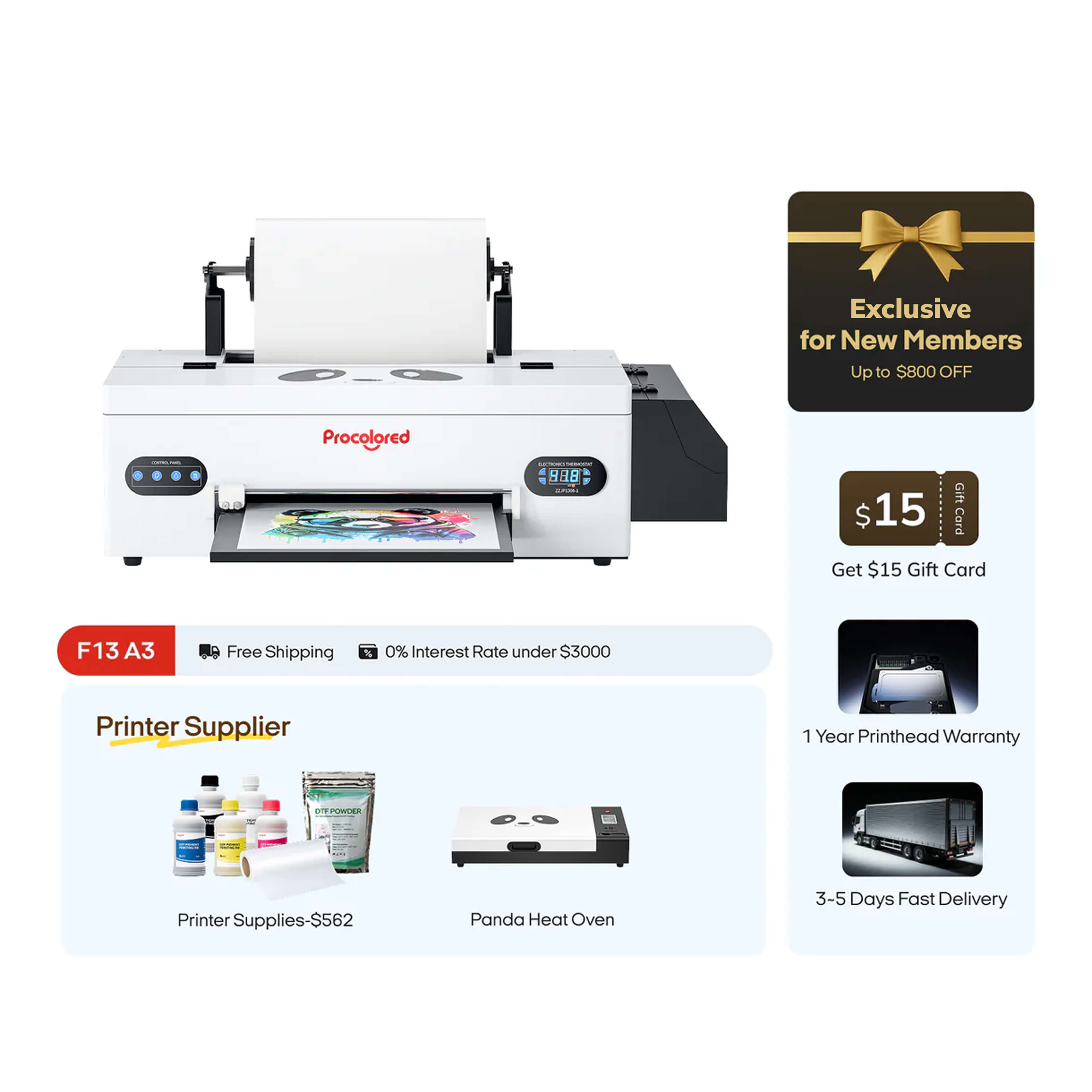 Procolored F13 Panda DTF Printer 13" A3 L1800 & Oven