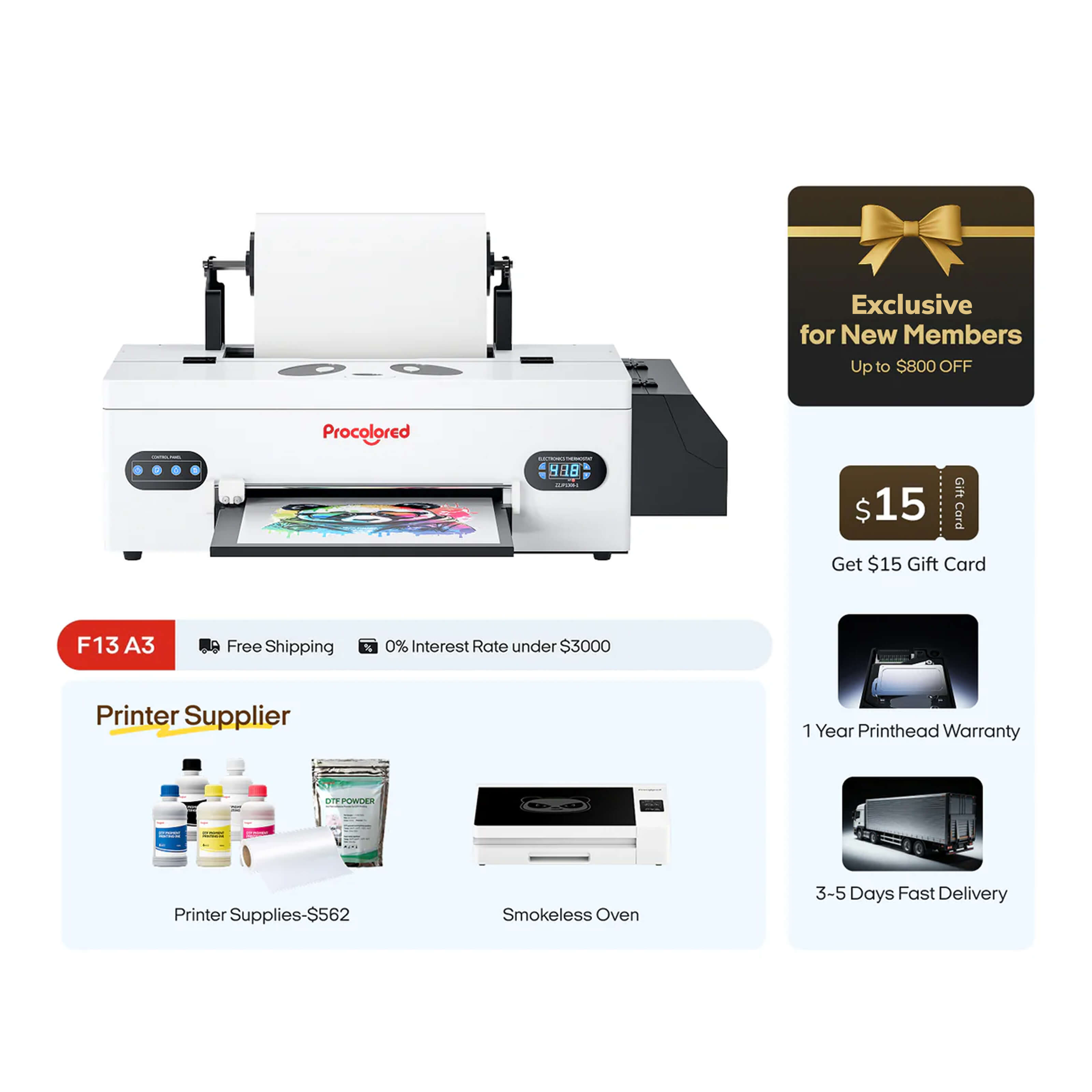 Procolored F13 Panda DTF Printer 13" A3 L1800 & Oven Premium