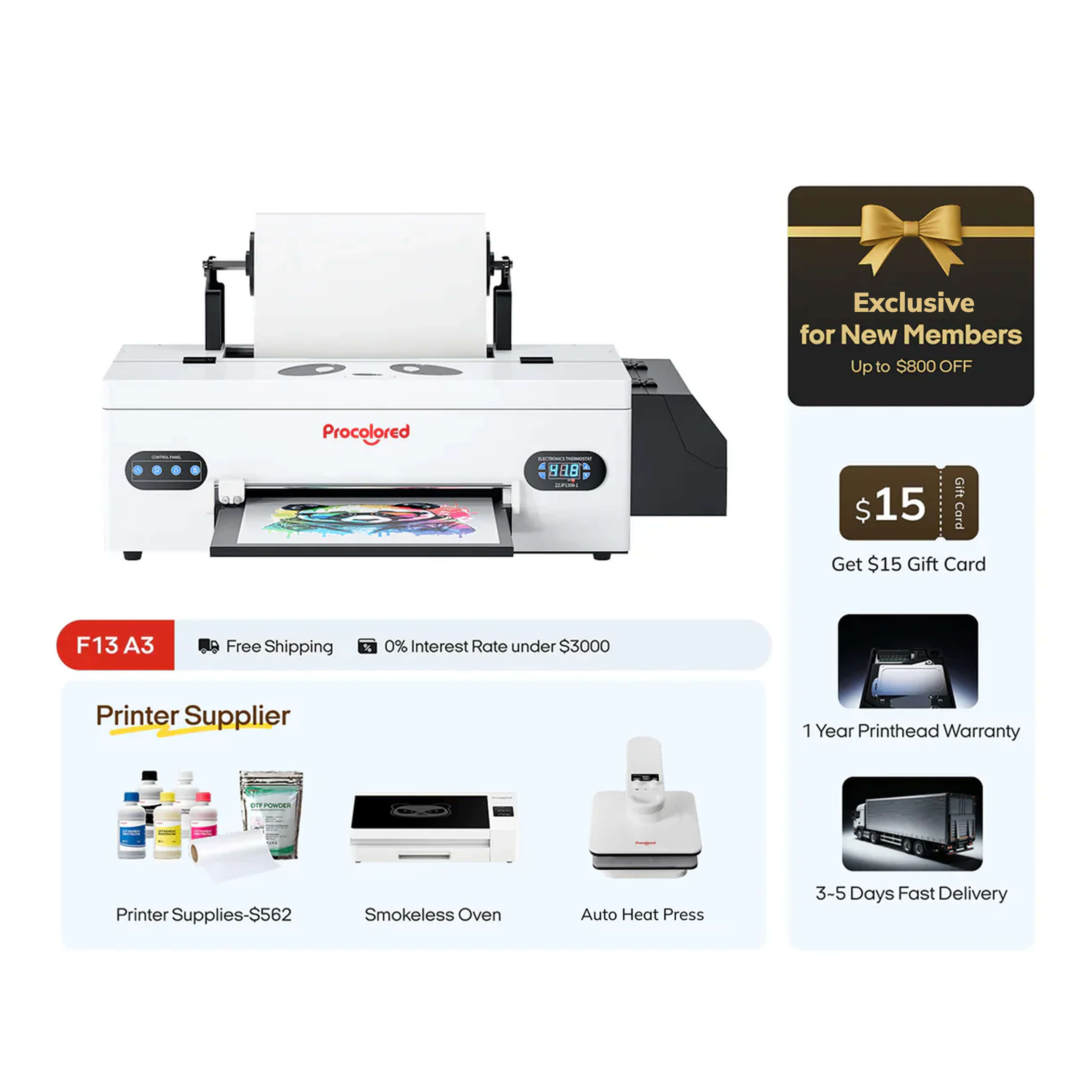 Procolored F13 Panda DTF Printer 13" A3 L1800 & Complete Bundle Premium