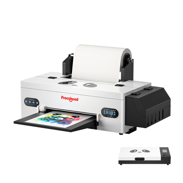 A Procolored F13 Panda DTF Printer, which is a direct to film printer, with its paper feeder and ink system visible. The image shows the printer open with a piece of printed film inside, revealing the printer's internal components.