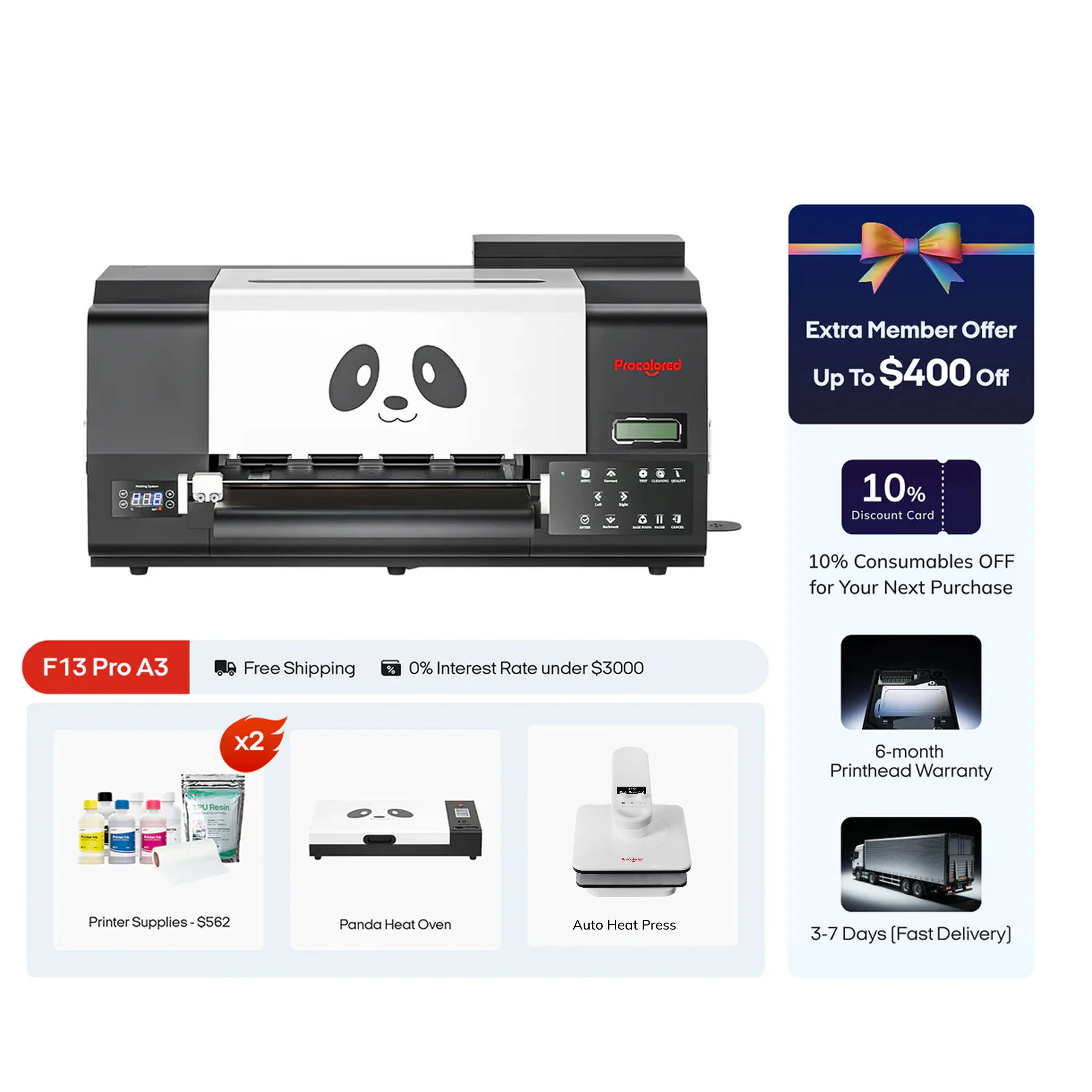 Procolored F13 Pro Panda DTF Printer 13" A3 Dual XP600 & Complete Bundle