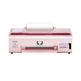 Pink desktop DTF printer printing logo on cotton t-shirt