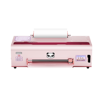 Pink desktop DTF printer printing logo on cotton t-shirt
