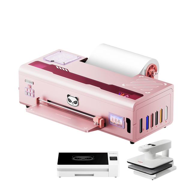 Pink DTF printer with smokeless oven and auto heat press machine for custom apparel printing business