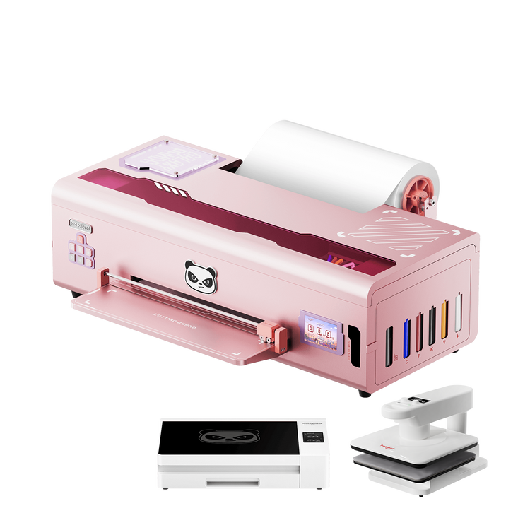 Pink DTF printer with smokeless oven and auto heat press machine for custom apparel printing business