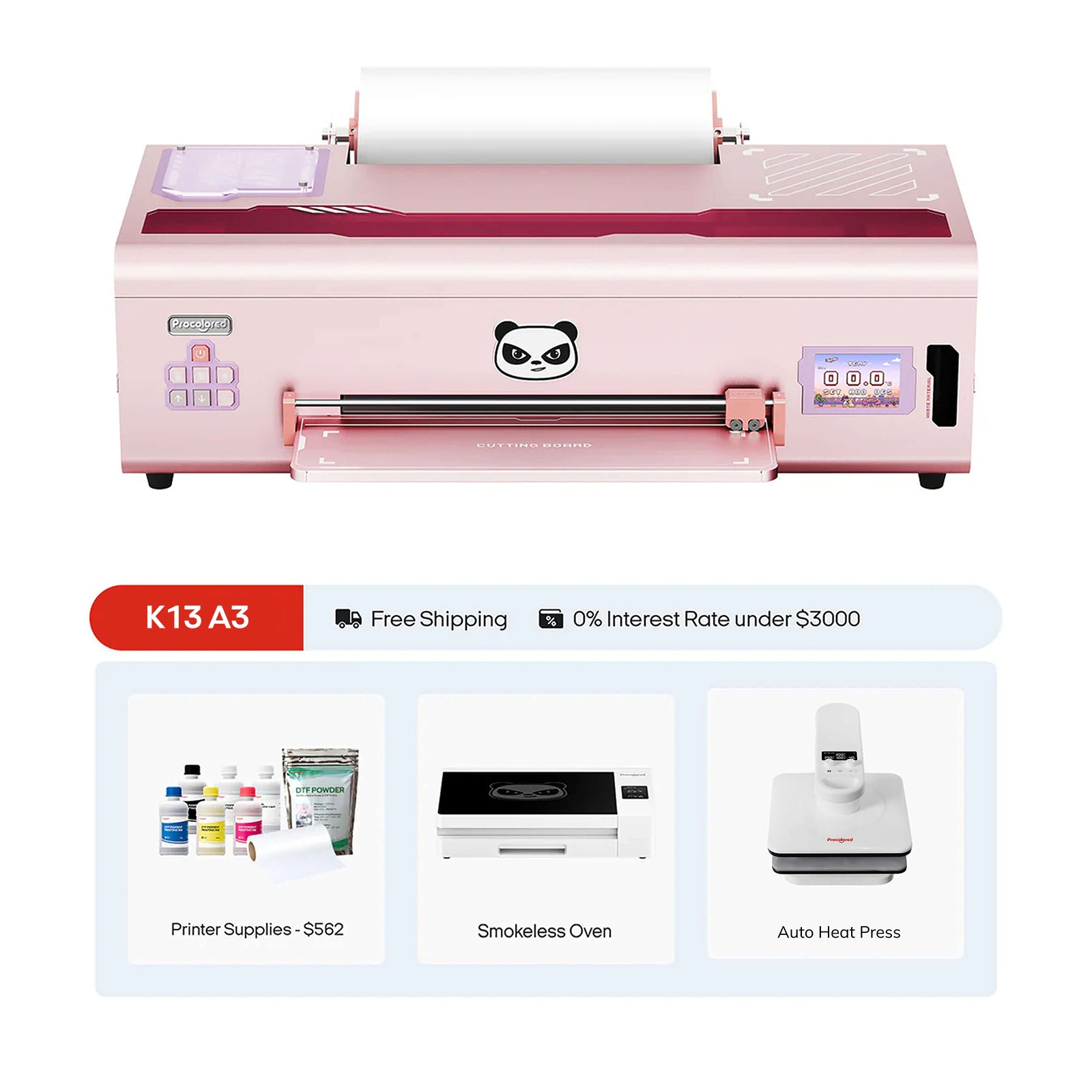 Pink DTF Printer machine with a panda logo for custom apparel printing business