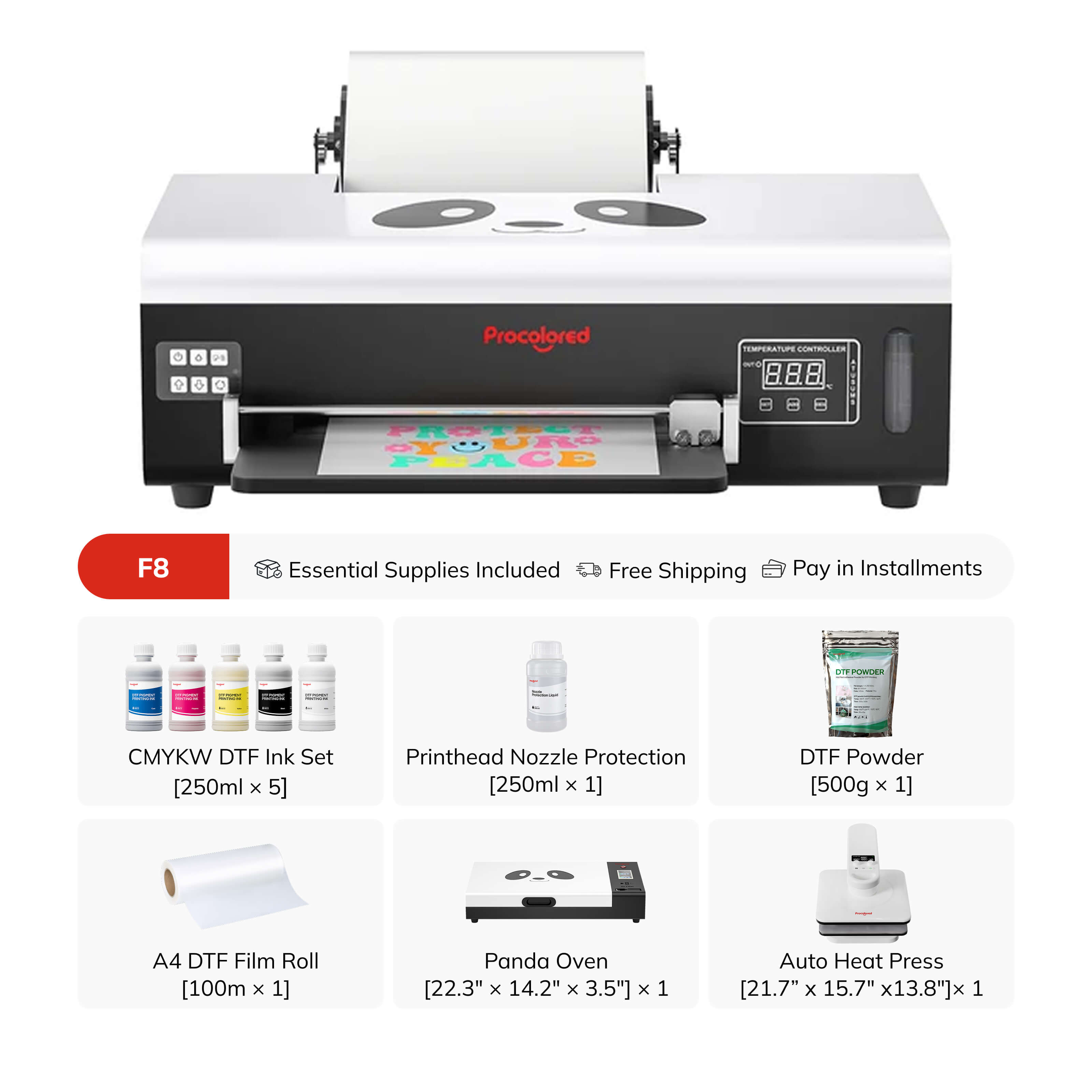 Procolored F8 Panda DTF Printer 8.2" A4 L800 & Complete Bundle