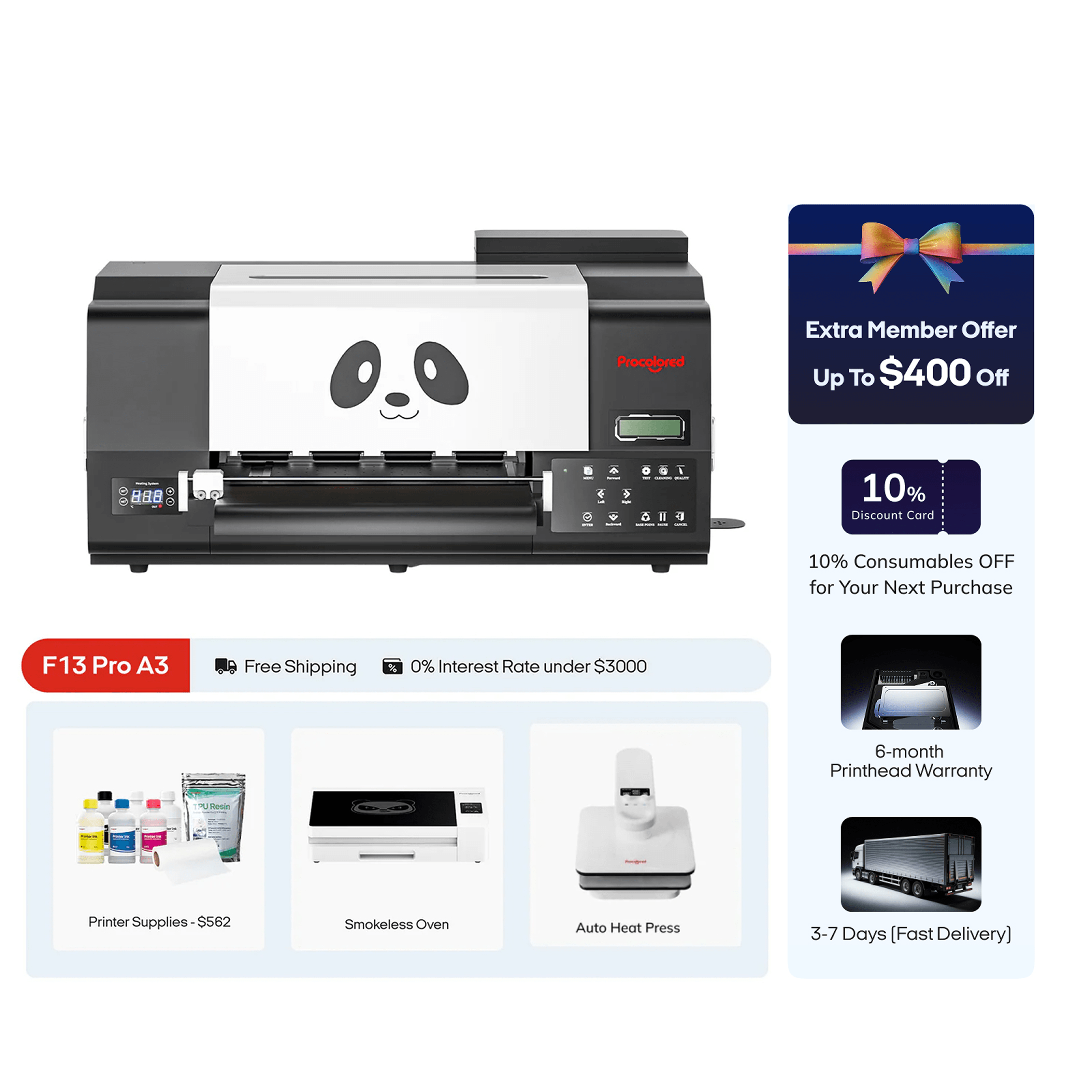 Procolored F13 Pro Panda DTF Printer 13" A3 Dual XP600 & Complete Bundle Premium