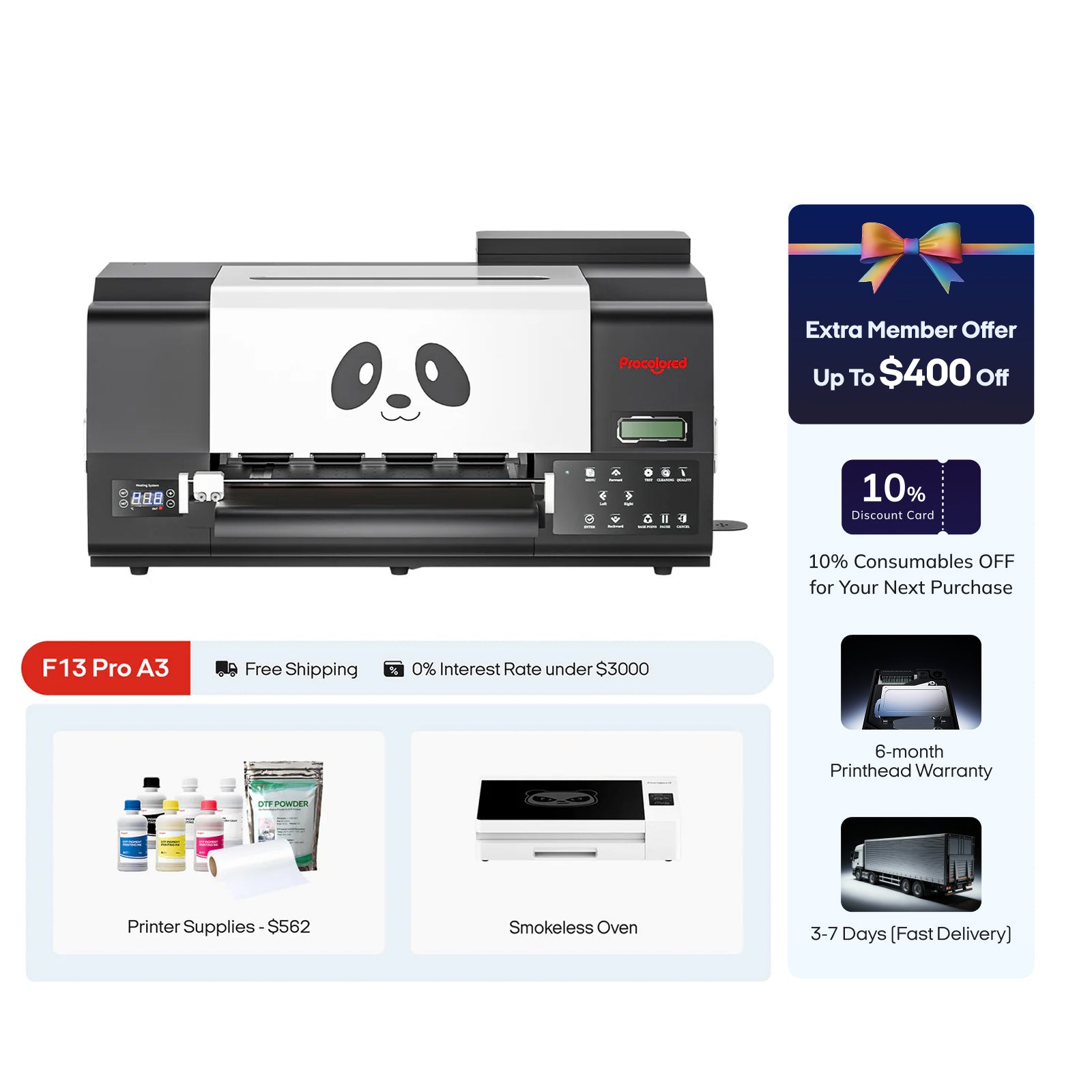 Procolored F13 Pro Panda DTF Printer 13" A3 Dual XP600 & Oven Premium