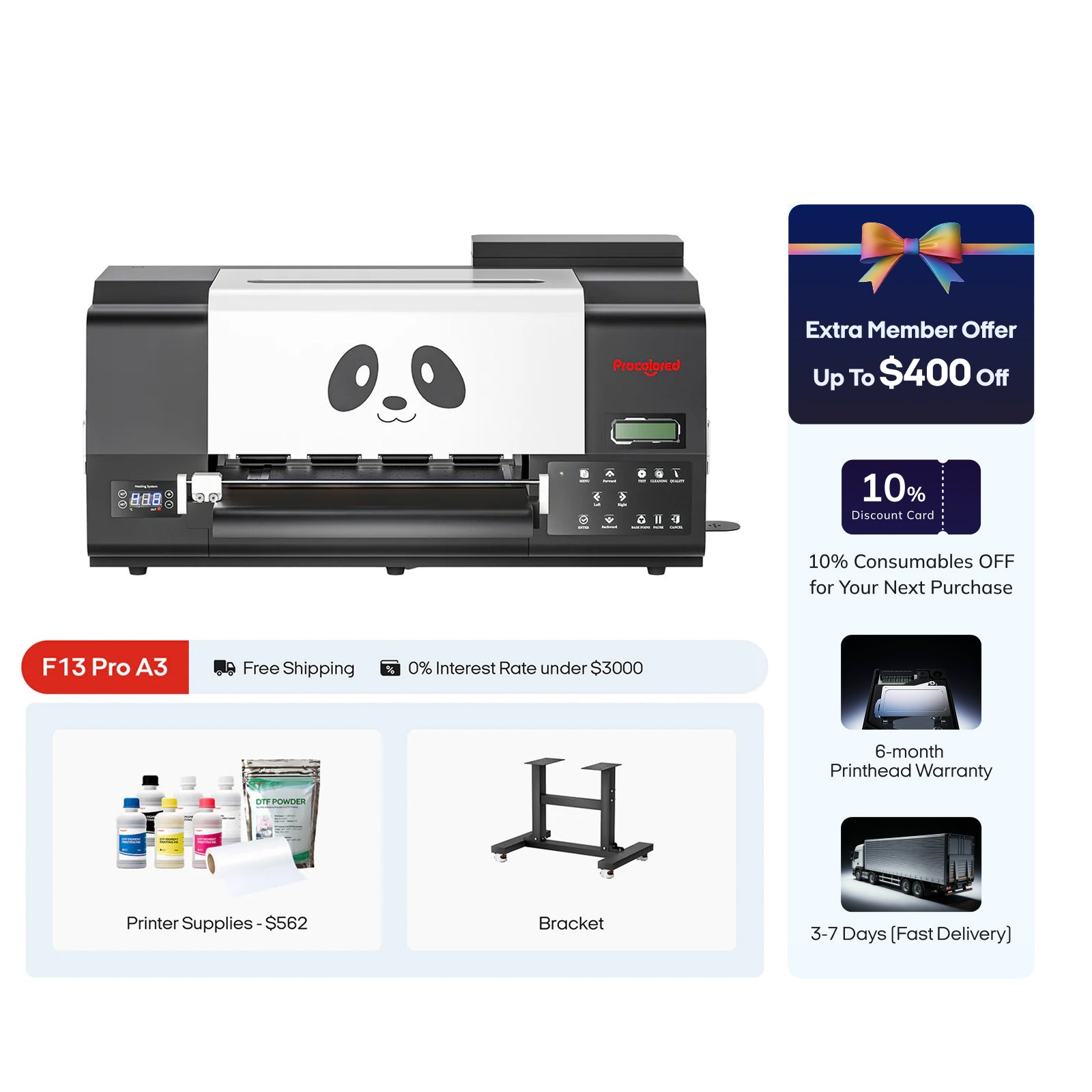 Procolored F13 Pro Panda DTF Printer 13" A3 Dual XP600 & Bracket