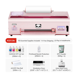 Pink automatic DTF (Direct to Fabric) printer shown with its included accessories and supplies on a white background. The image features the printer at the top and a grid of included items below, including a CMYKW DTF Ink Set, Printhead Nozzle Protection, DTF Powder, A3 DTF Film Roll, Smokeless Oven, and Auto Heat Press.