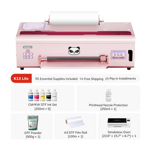Pink K13 Lite DTF transfer machine shown on a white background with accessory callouts including CMYKW DTF Ink Set, Printhead Nozzle Protection, DTF Powder, A3 DTF Film Roll, and Smokeless Oven.