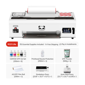 K113 Lite DTF printer shown on a white background with a panda logo on the front, surrounded by included accessories and ink sets. The image includes a K113 Lite banner and a grid of product components such as CMYKW DTF Ink Set, Printhead Nozzle Protection, DTF Powder, A3 DTF Film Roll, Smokeless Oven, and Auto Heat Press.