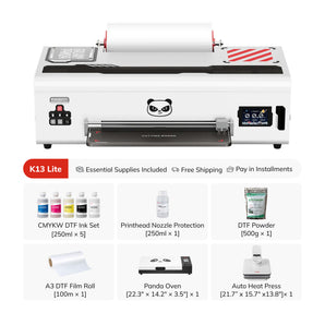 A white K13 DTF (Direct to Fabric) printer shown on a white background, accompanied by a collection of included accessories and supplies such as CMYKW DTF Ink Set, Printhead Nozzle Protection, DTF Powder, A3 DTF Film Roll, Panda Oven, and Auto Heat Press. The printer features a black and white design with a cartoon panda logo on the front.