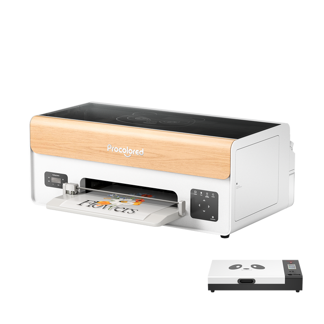 Procolored P13 DTF Printer with a wood grain finish on top, alongside a small oven.