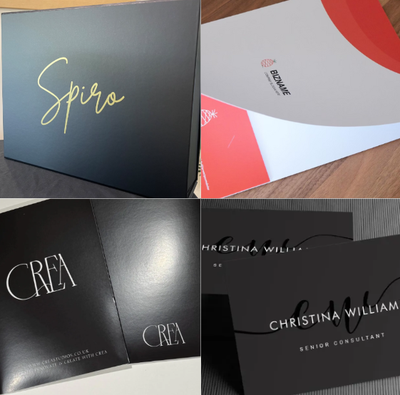 Collage of Spot UV printing on luxury packaging, book covers, labels, and cards.