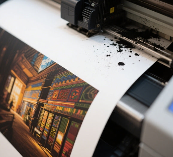 Professional fine art printer creating a vibrant, detailed print on archival paper.